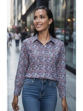 TOMMY HILFIGER Women’s Cotton Floral Roll-Tab Shirt in Ditsy Floral-Size Large